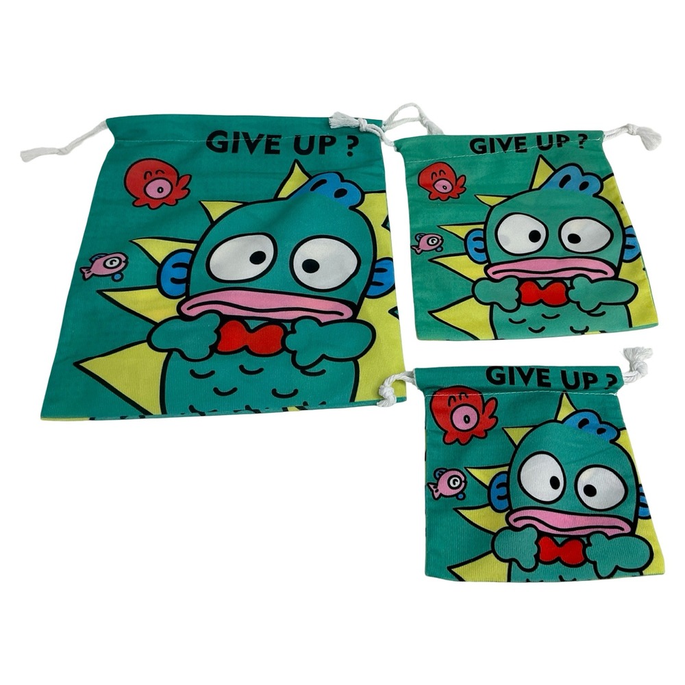 Sanrio Hangyodon Give Up? Drawstring Pouch Set Green 3 Pieces Anime Kawaii Bag
